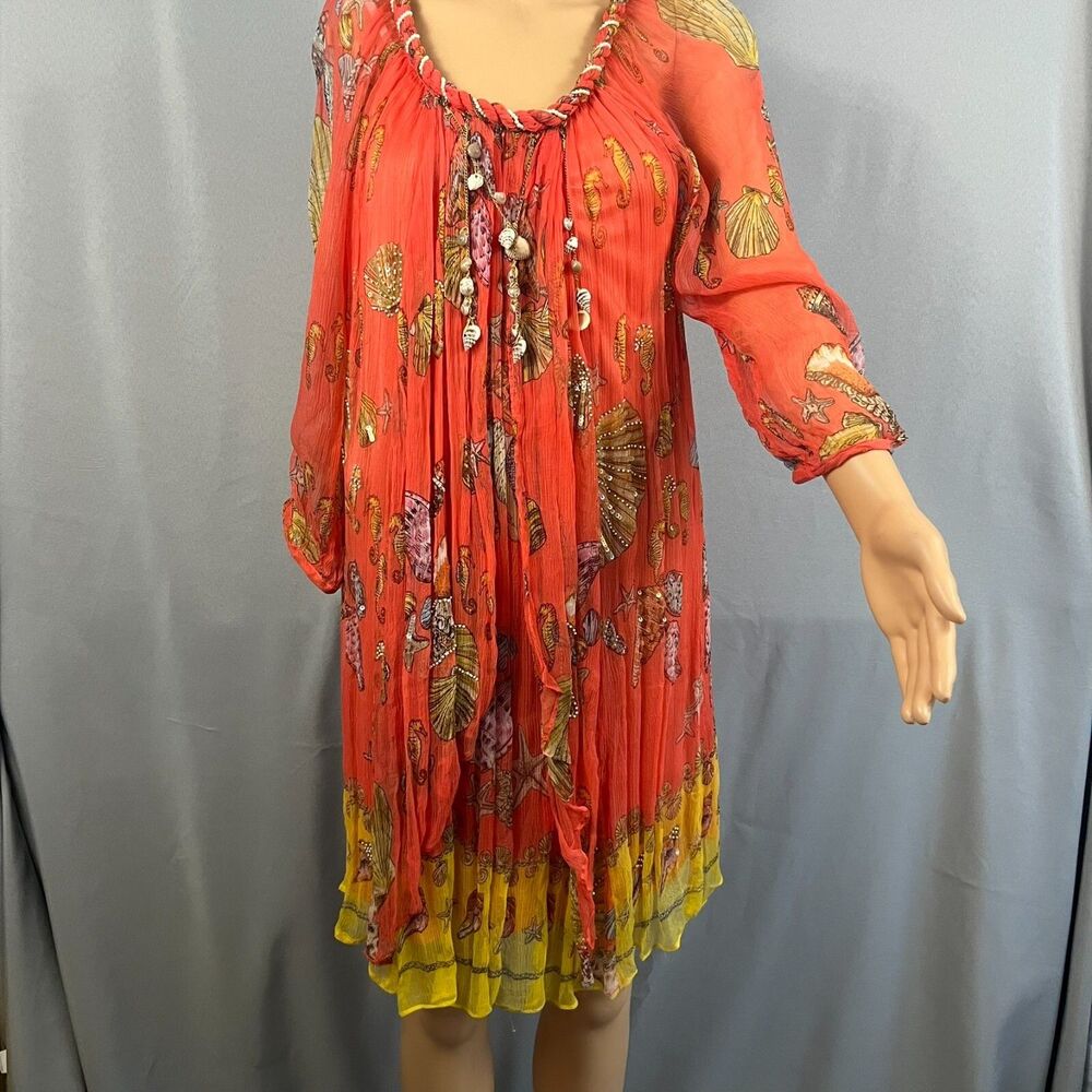 Rene Derhy Dress Sz Small‎ Orange Sea Shells Embellished Summer Vacation Costal